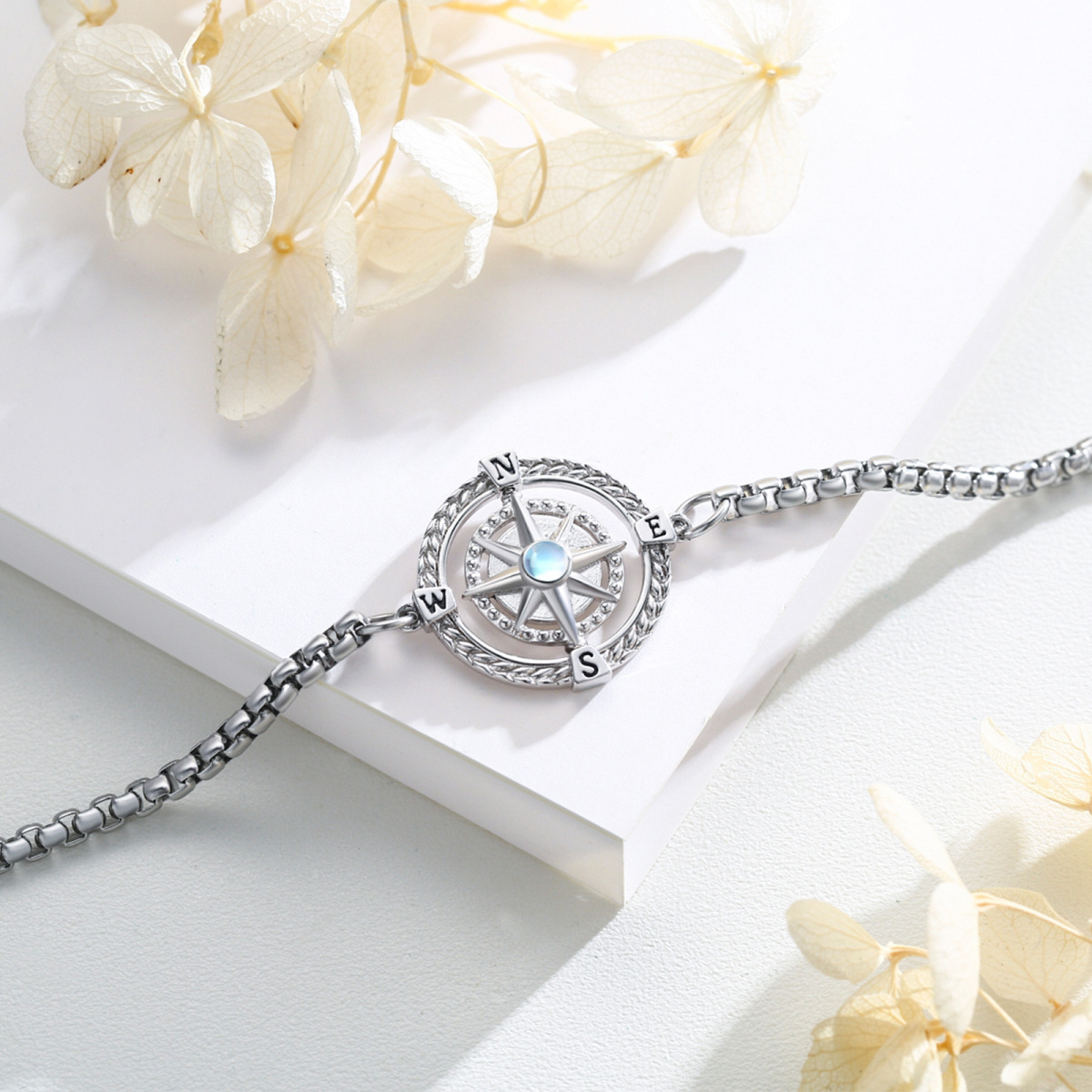 Sterling Silver Circular Shaped Moonstone Compass Pendant Bracelet-4