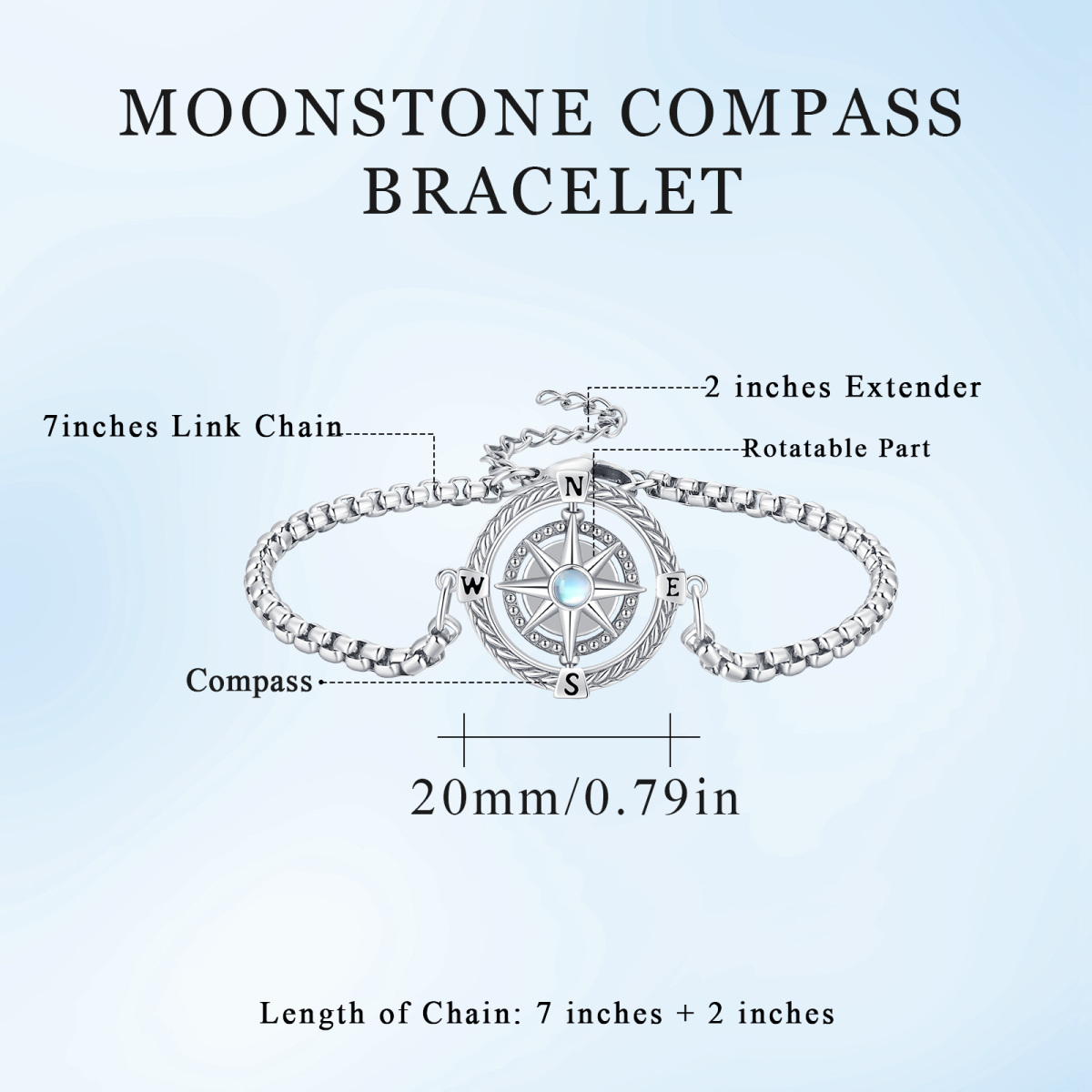 Sterling Silber kreisförmig Mondstein Kompass Anhänger Armband-5