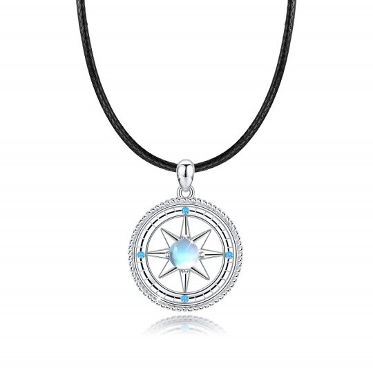 Collier en argent sterling avec pendentif boussole en pierre de lune de forme circulaire