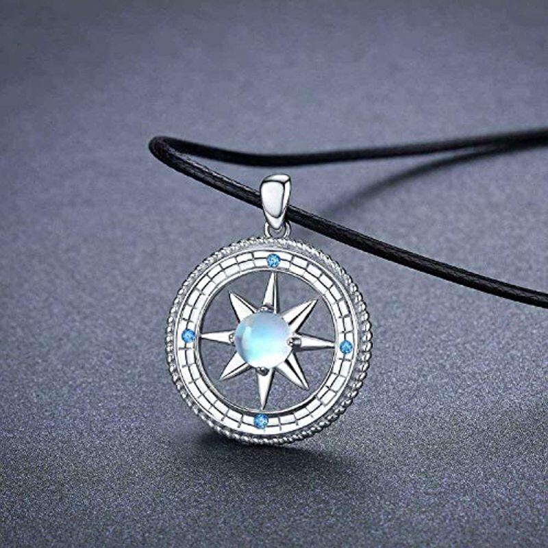 Sterling Silver Circular Shaped Moonstone Compass Pendant Necklace-4