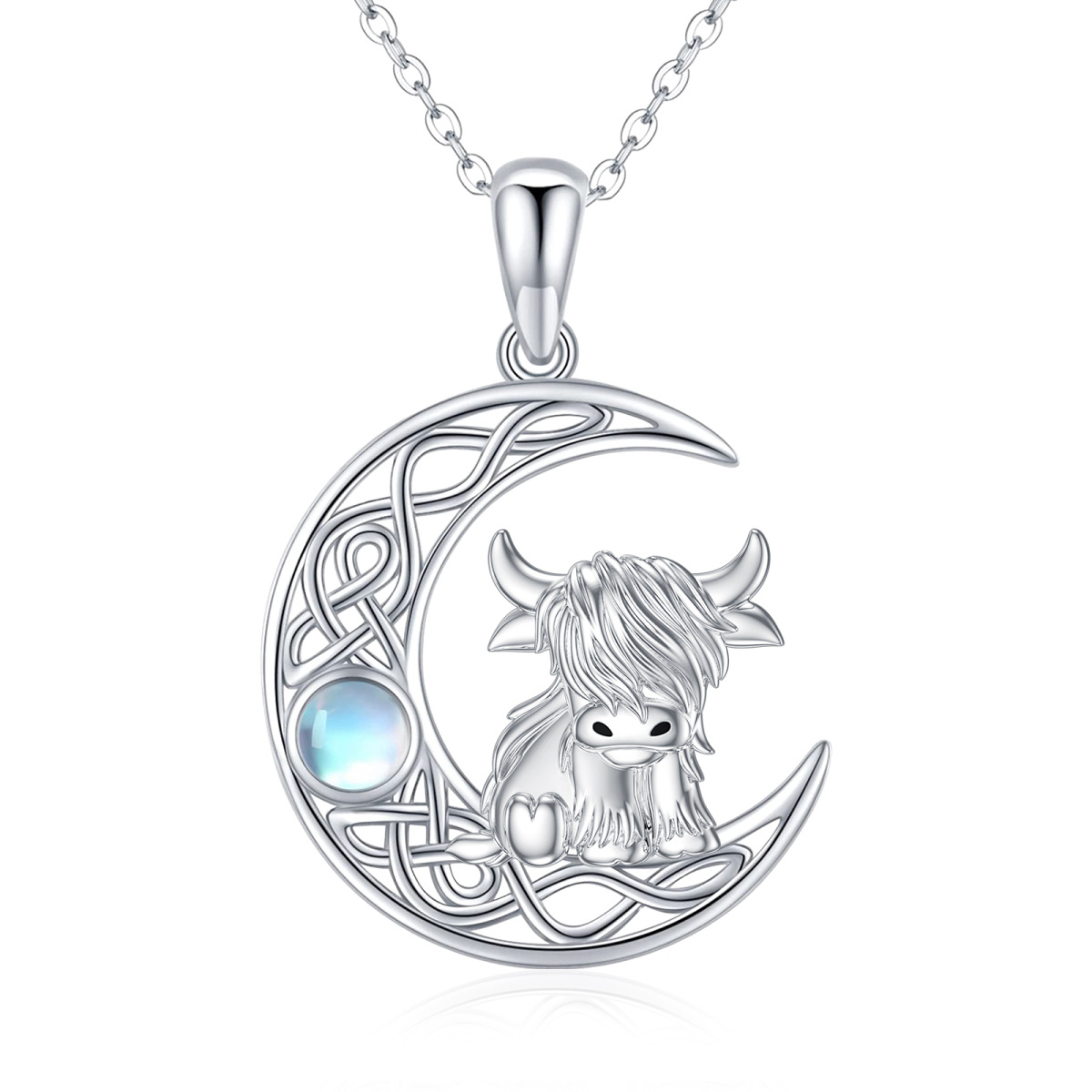 Sterling Silver Circular Moonstone Cow With Celtic Knot Moon Pendant Necklace For Women-1