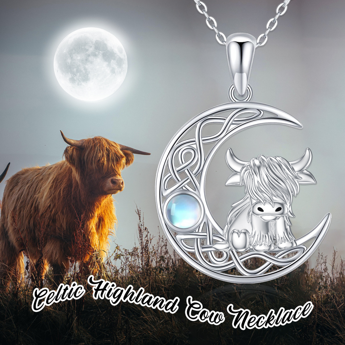 Sterling Silver Circular Shaped Moonstone Cow & Celtic Knot & Moon Pendant Necklace-4