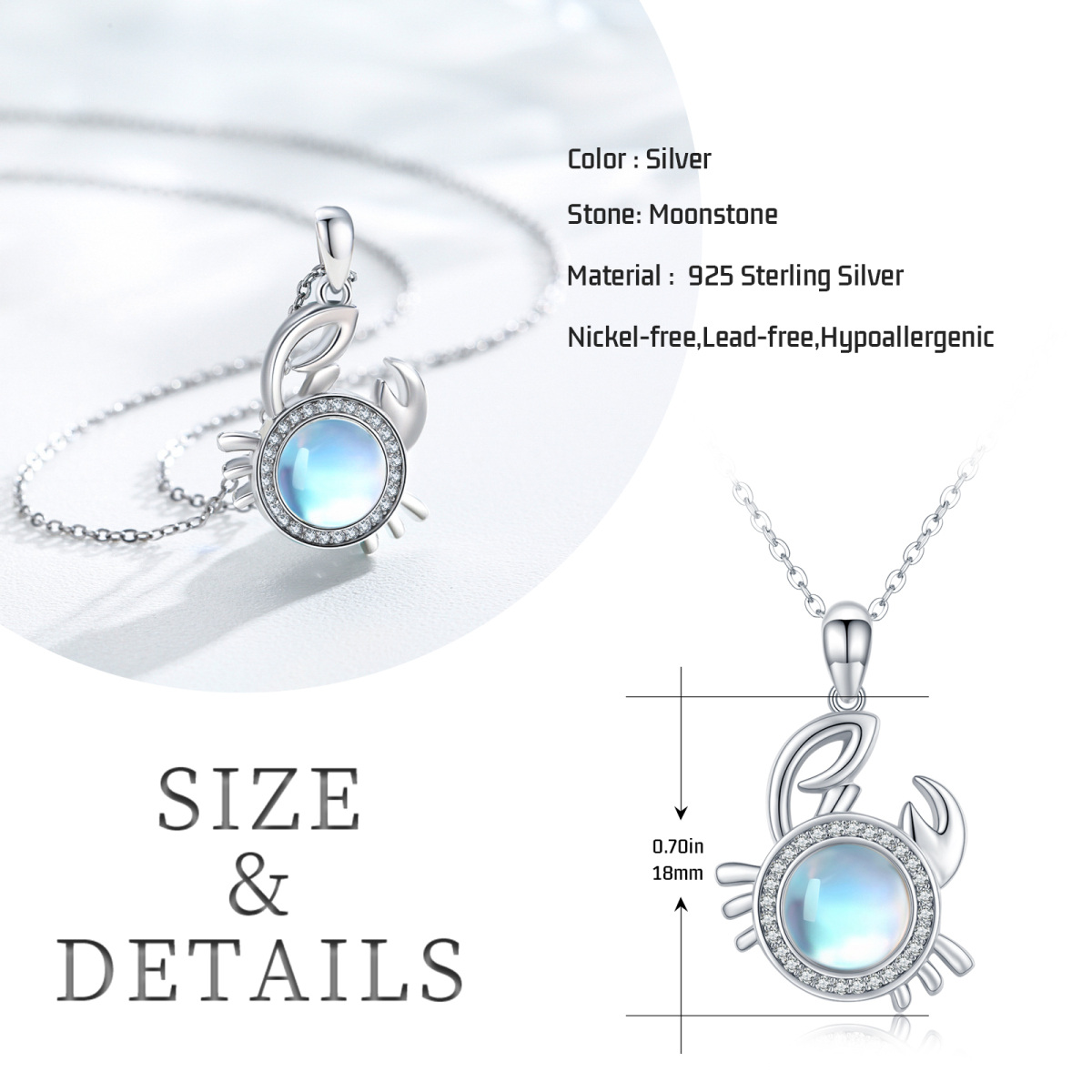 Sterling Silver Circular Shaped Moonstone Crab Pendant Necklace-4