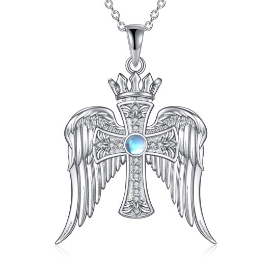 Collier en argent sterling avec pendentif croix en pierre de lune de forme circulaire