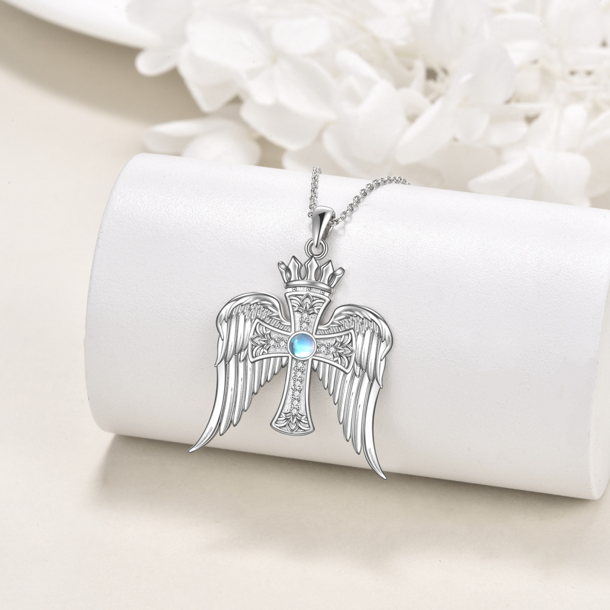 Sterling Silber kreisförmig Mondstein Kreuz Anhänger Halskette-3