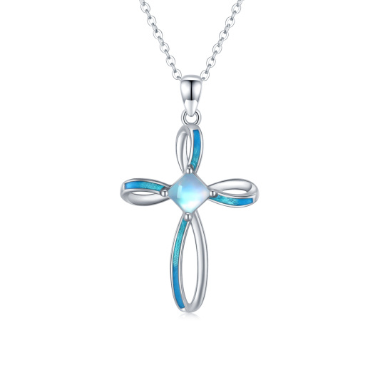 Sterling Silver Circular Shaped Moonstone Cross Pendant Necklace