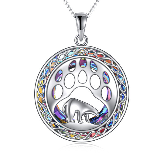 Sterling Silver Circular Shaped Moonstone & Crystal Polar Bear Pendant Necklace