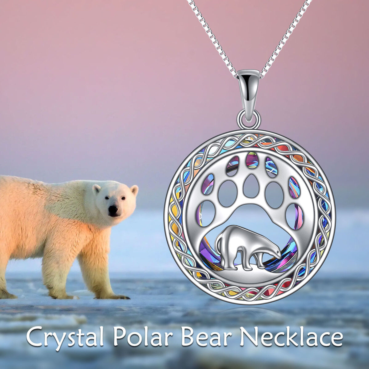 Sterling Silver Circular Shaped Moonstone & Crystal Polar Bear Pendant Necklace-6