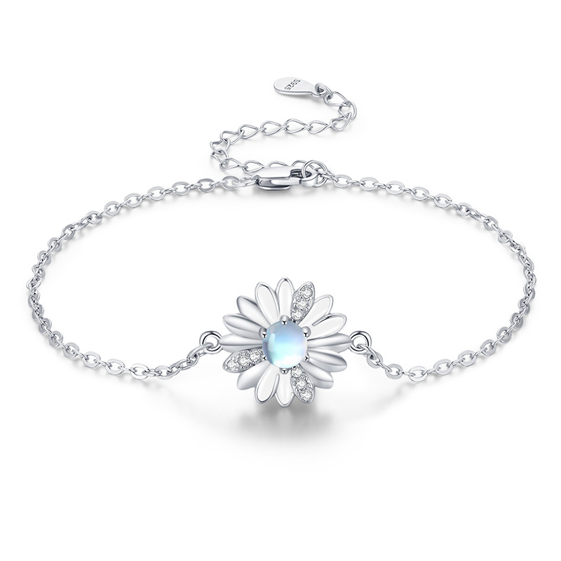 Bracelet en argent sterling avec pendentif marguerite en pierre de lune de forme circulair-1