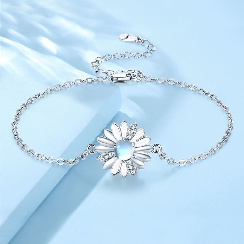 Sterling Silber kreisförmig Mondstein Daisy Anhänger Armband-5