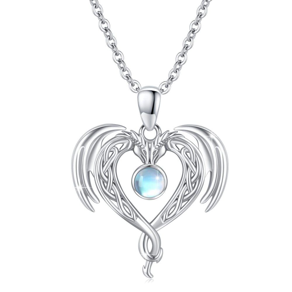 Sterling Silver Circular Moonstone Dragon Celtic Knot And Heart Pendant Necklace For Women-1