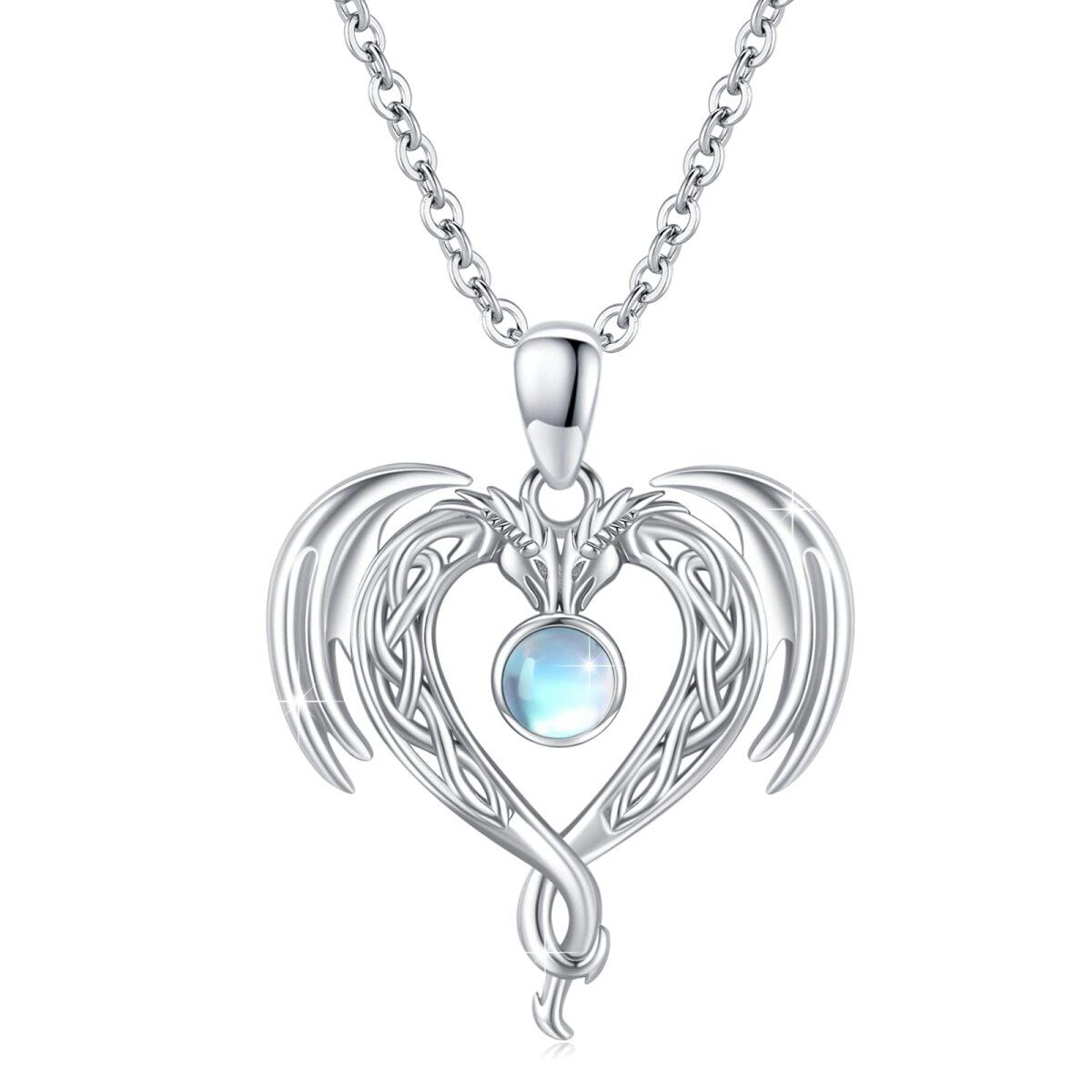 Collar con colgante de corazón y nudo celta de dragón de piedra lunar circular de plata de ley para mujer-1