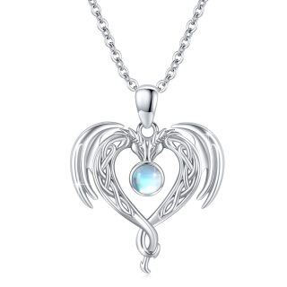 Sterling Silver Circular Moonstone Dragon Celtic Knot And Heart Pendant Necklace For Women-5