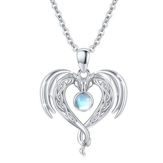 Sterling Silver Circular Moonstone Dragon Celtic Knot And Heart Pendant Necklace For Women