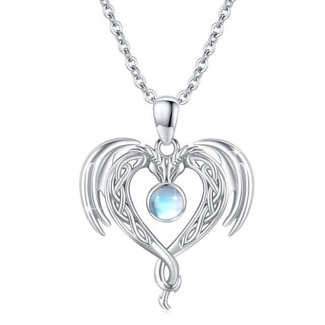 Sterling Silver Circular Shaped Moonstone Dragon & Celtic Knot & Heart Pendant Necklace-5