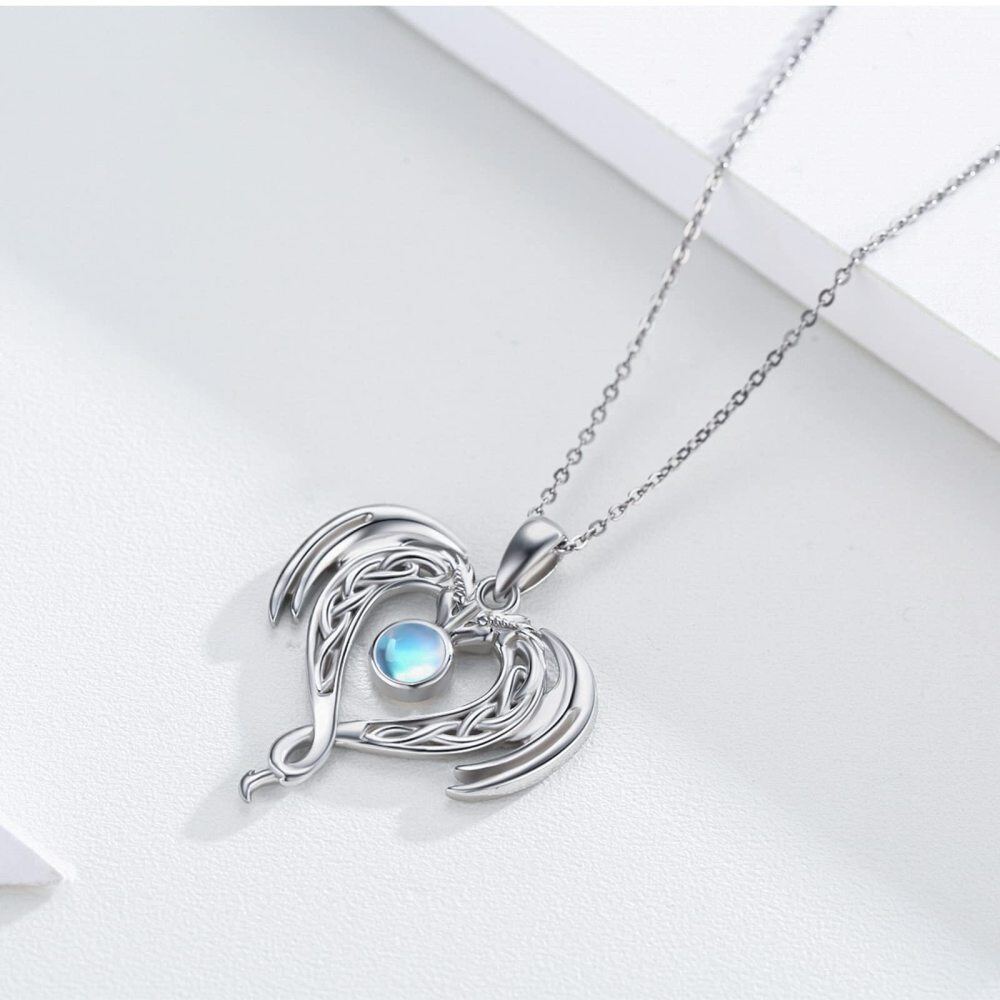 Sterling Silver Circular Moonstone Dragon Celtic Knot And Heart Pendant Necklace For Women-4