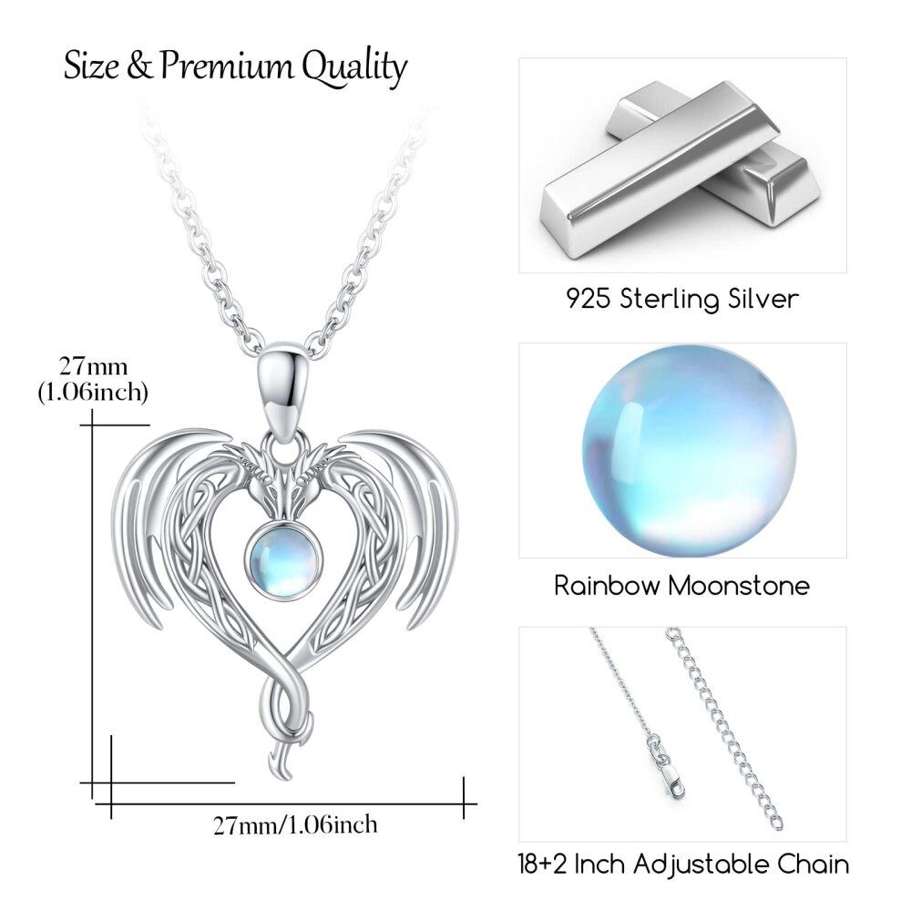 Sterling Silver Circular Moonstone Dragon Celtic Knot And Heart Pendant Necklace For Women-5