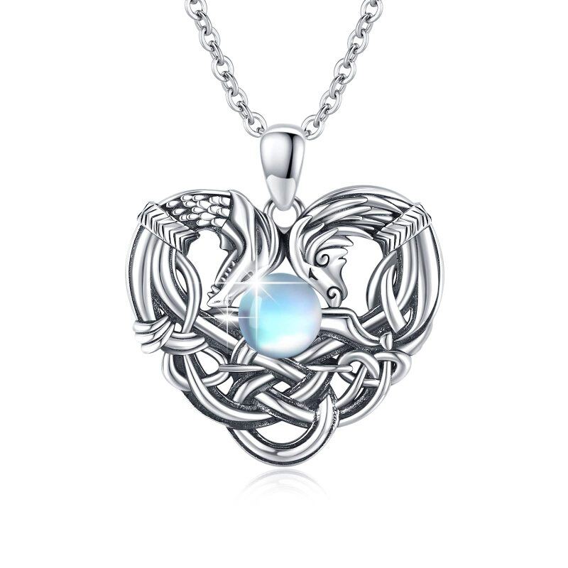 Collier en argent sterling avec pendentif dragon et cheval en pierre de lune de forme circ-4