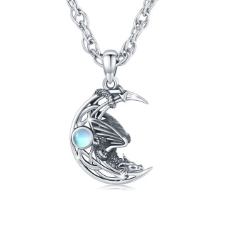 Sterling Silver Circular Shaped Moonstone Dragon Singapore Chain Necklace for Men-34