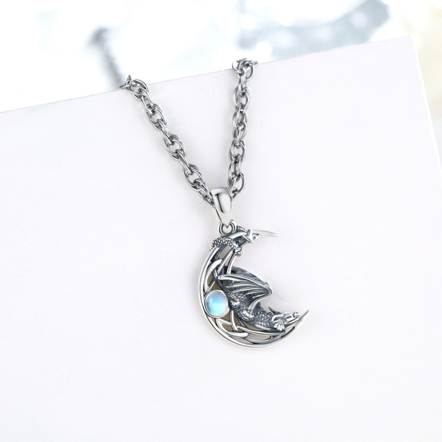 Sterling Silver Circular Shaped Moonstone Dragon Singapore Chain Necklace for Men-4