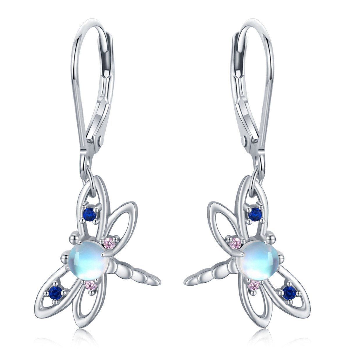 Orecchini a leva in argento sterling con pietra lunare a forma di cerchio e libellula-1