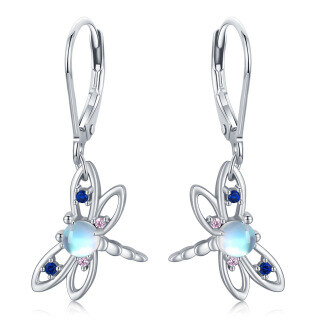 Sterling Silver Circular Shaped Moonstone Dragonfly Lever-back Earrings-42