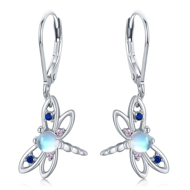 Sterling Silver Circular Shaped Moonstone Dragonfly Lever-back Earrings-4