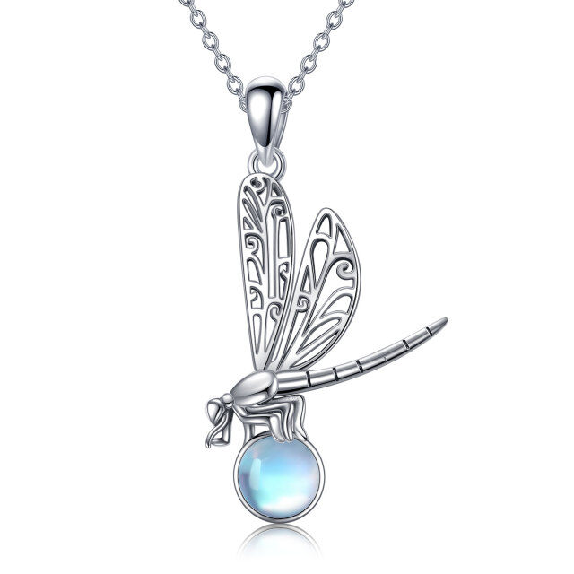 Sterling Silver Circular Shaped Moonstone Dragonfly Pendant Necklace-1