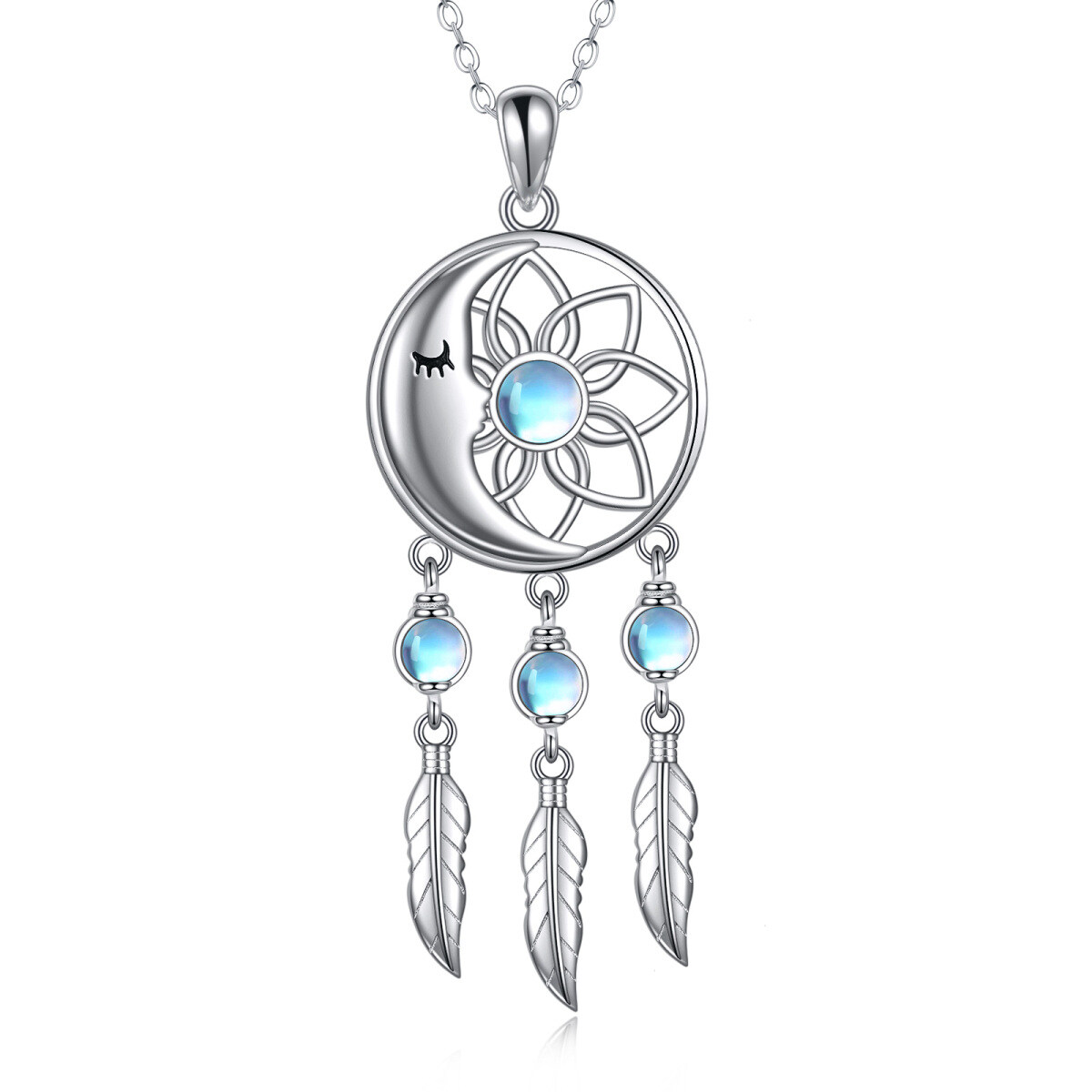 Collier en argent sterling avec pendentif attrape-rêves en pierre de lune de forme circula-1