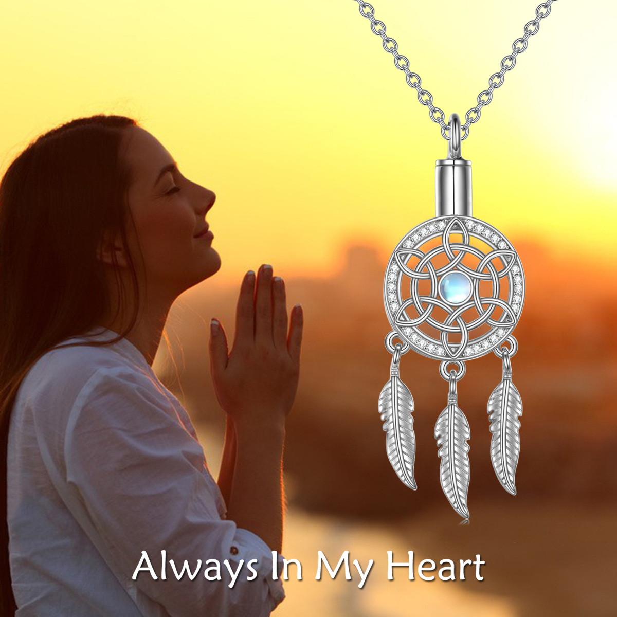 Sterling zilveren cirkelvormige maansteen Dream Catcher Urn ketting voor as-6