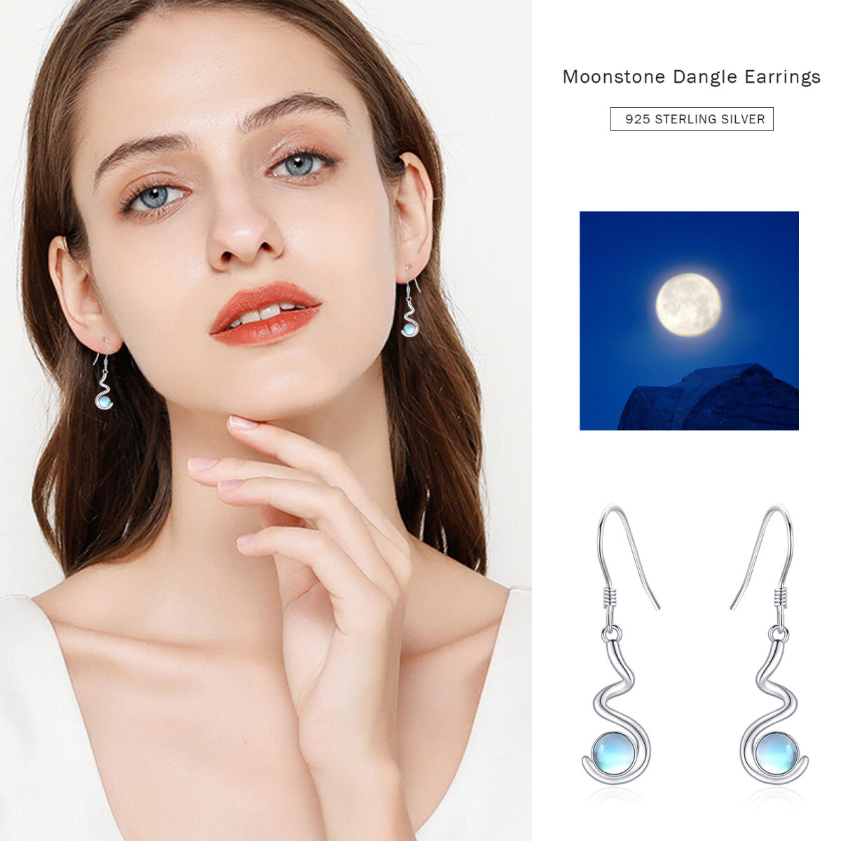 Sterling Silver Circular Shaped Moonstone Drop Earrings-7