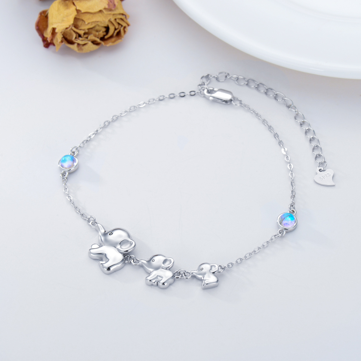 Pulsera colgante elefante de plata de ley con forma circular de piedra de luna-3