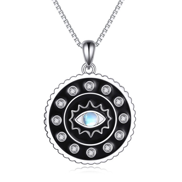 Sterling Silver Circular Shaped Moonstone Evil Eye Pendant Necklace-5