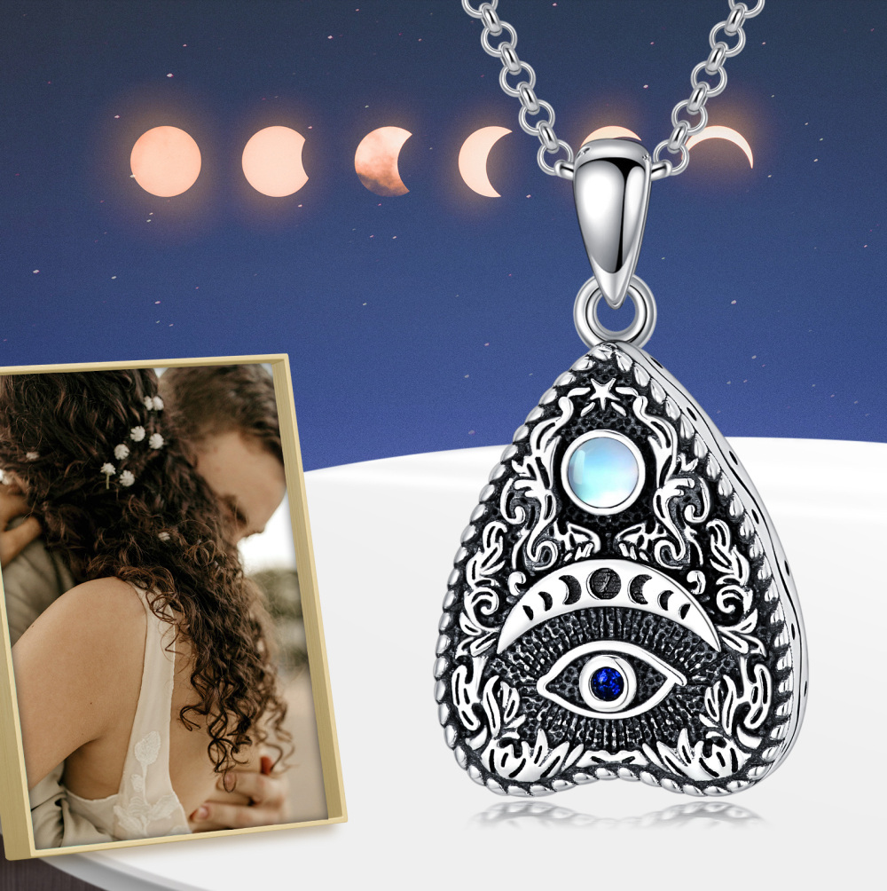 Sterling Silver Circular Shaped Moonstone Evil Eye Urn Necklace for Ashes-6