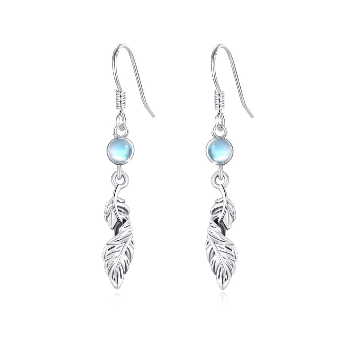 Boucles d'oreilles pendantes en argent sterling avec plumes en pierre de lune de forme cir-1