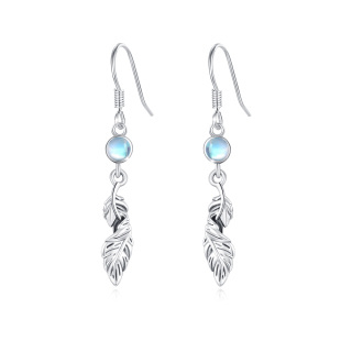 Sterling Silver Circular Shaped Moonstone Feather Drop Earrings-1