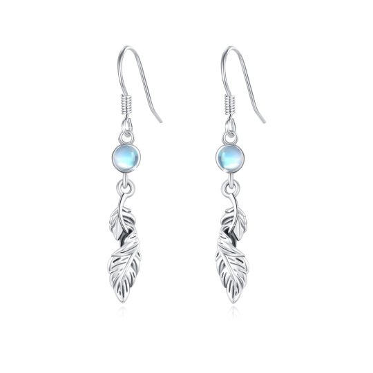 Sterling Silver Circular Shaped Moonstone Feather Drop Earrings