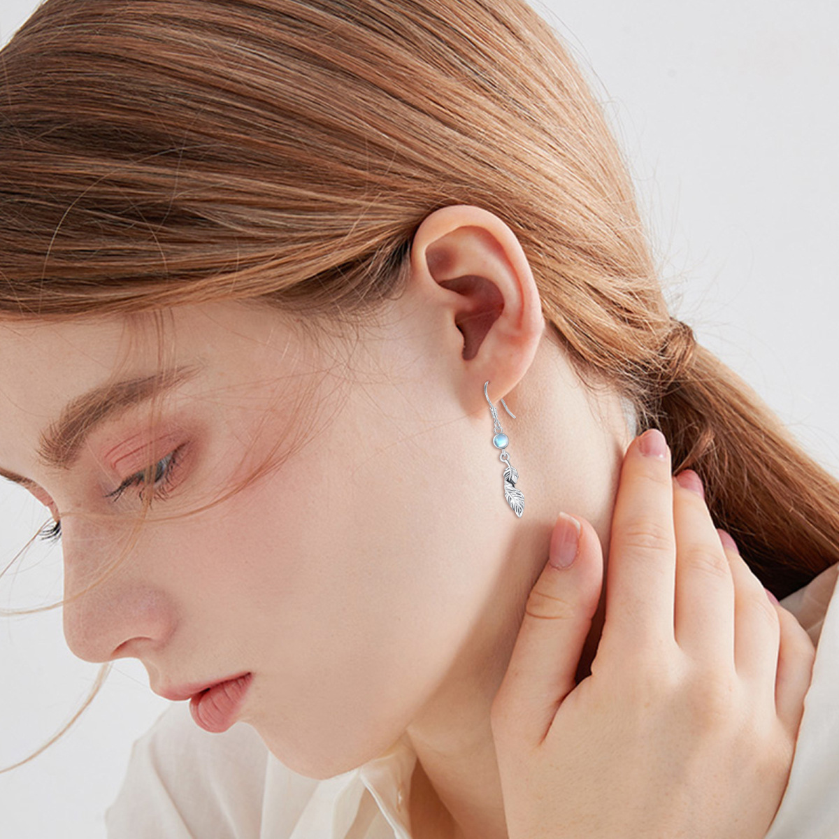 Sterling Silver Circular Shaped Moonstone Feather Drop Earrings-2