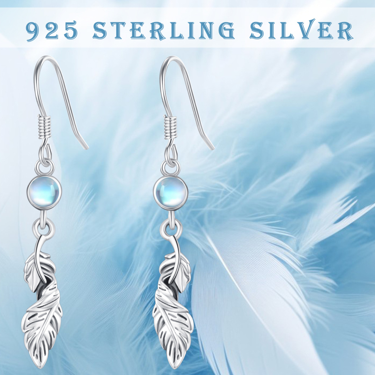 Sterling Silver Circular Shaped Moonstone Feather Drop Earrings-5