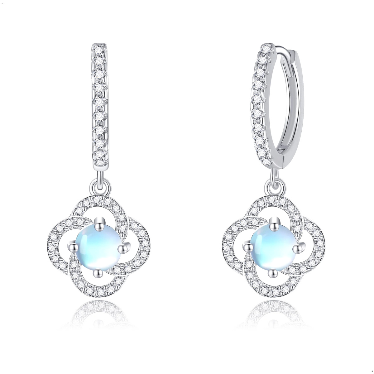 Sterling Silver Circular Shaped Cubic Zirconia & Moonstone Four Leaf Clover Lever-back Earrings-1