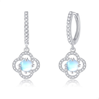 Sterling Silver Circular Shaped Cubic Zirconia & Moonstone Four Leaf Clover Lever-back Earrings-14