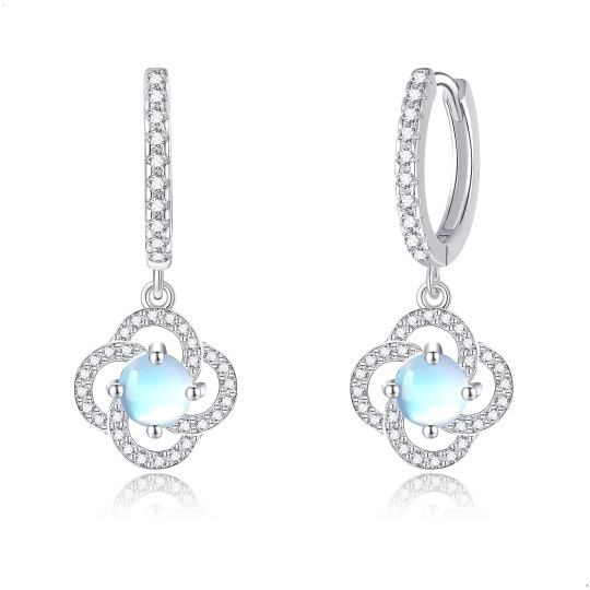 Sterling Silver Circular Shaped Cubic Zirconia & Moonstone Four Leaf Clover Lever-back Earrings