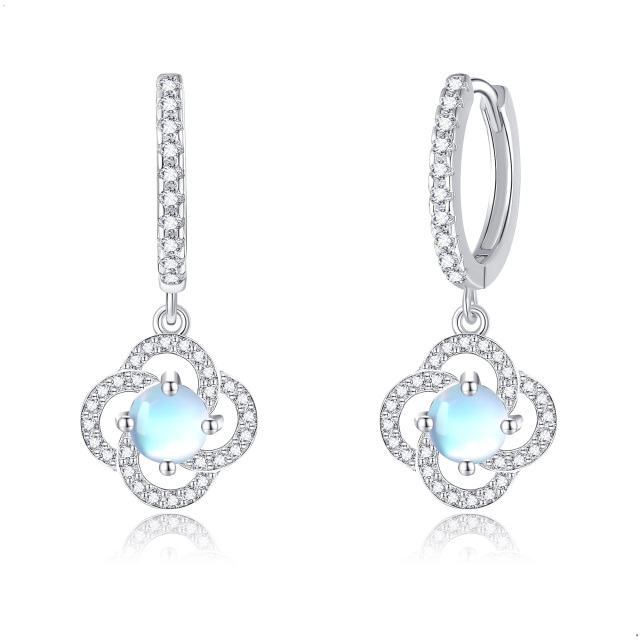 Sterling Silver Circular Shaped Cubic Zirconia & Moonstone Four Leaf Clover Lever-back Earrings-2