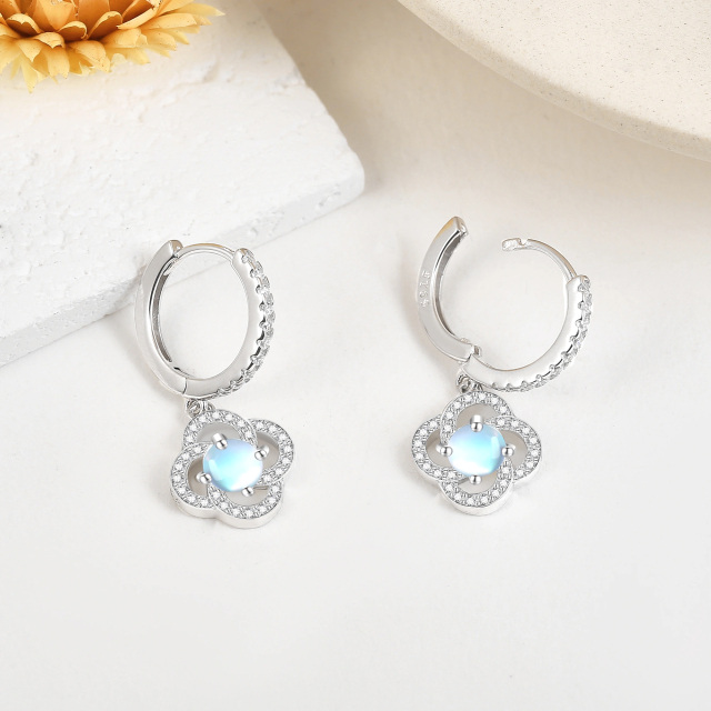 Sterling Silver Circular Shaped Cubic Zirconia & Moonstone Four Leaf Clover Lever-back Earrings-3