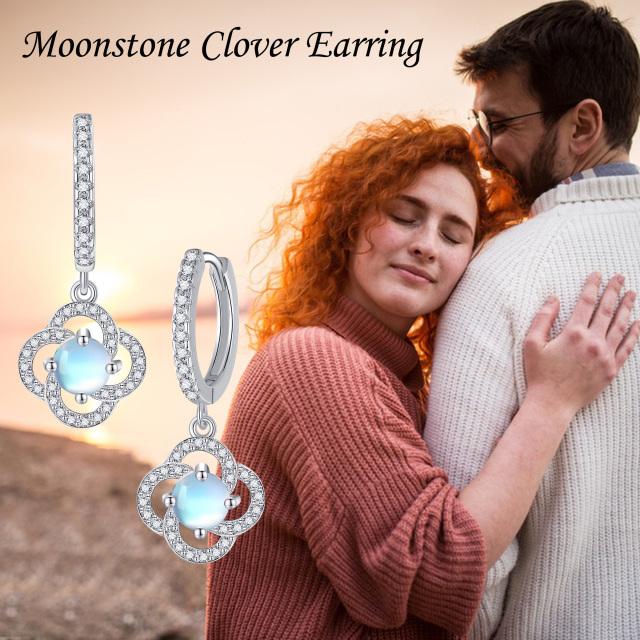 Sterling Silver Circular Shaped Cubic Zirconia & Moonstone Four Leaf Clover Lever-back Earrings-5