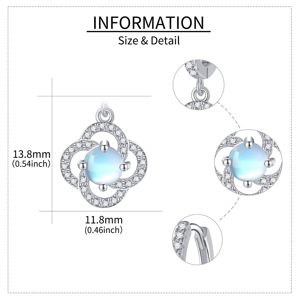 Pendientes trébol de cuatro hojas de plata de ley con circonita y piedra de luna-6