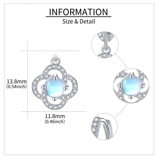 Sterling Silver Circular Shaped Cubic Zirconia & Moonstone Four Leaf Clover Lever-back Earrings-6