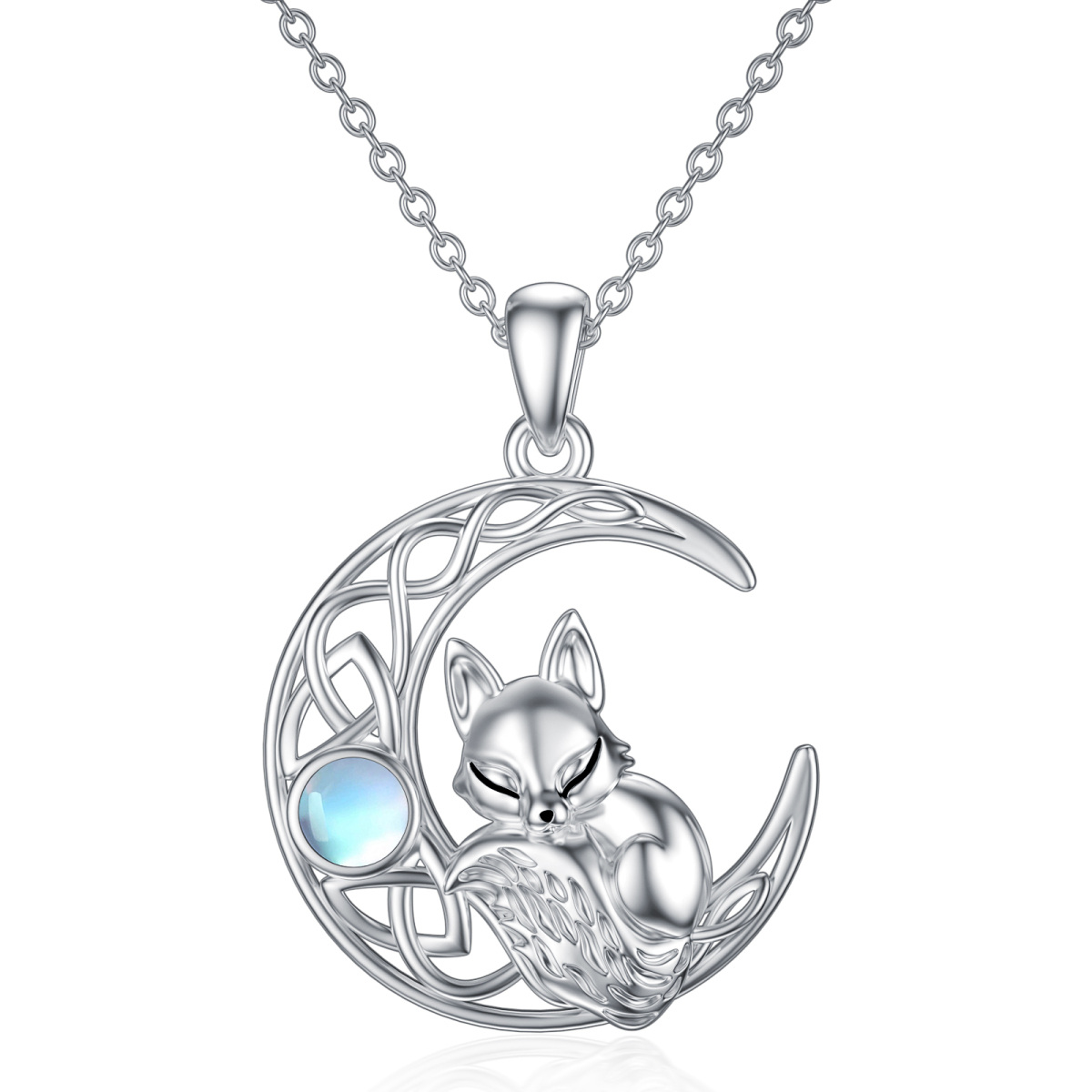 Collier en argent sterling avec pendentif renard et lune en pierre de lune de forme circul-1