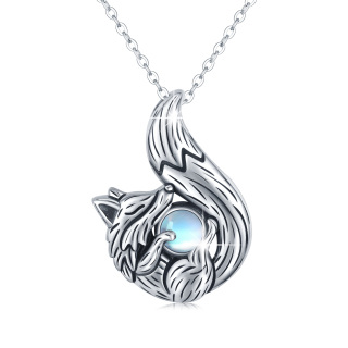 Sterling Silver Circular Shaped Moonstone Fox Pendant Necklace-4