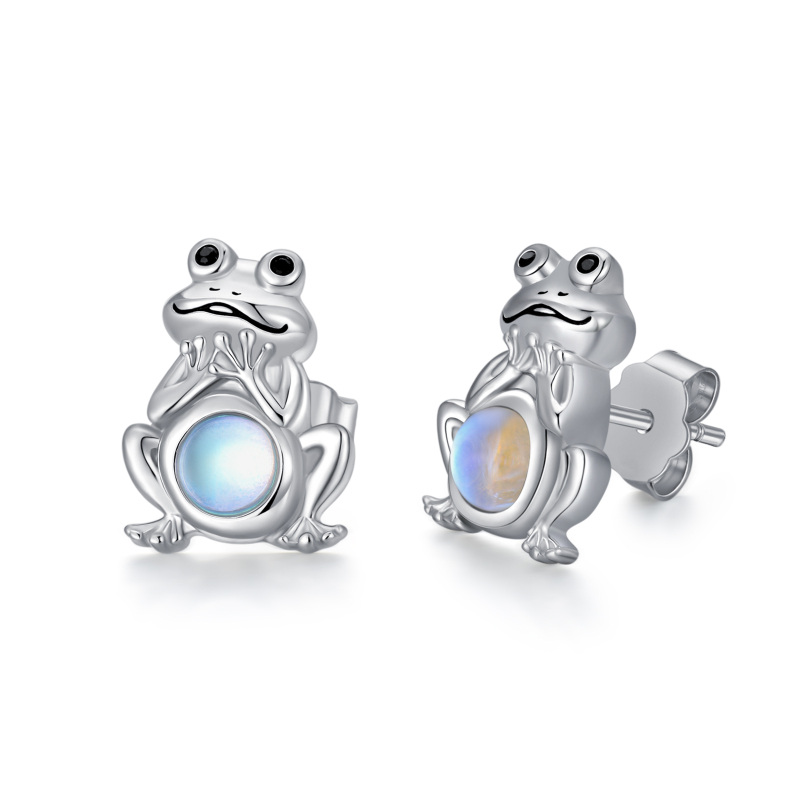 Sterling Silver Circular Shaped Moonstone Frog Stud Earrings-9
